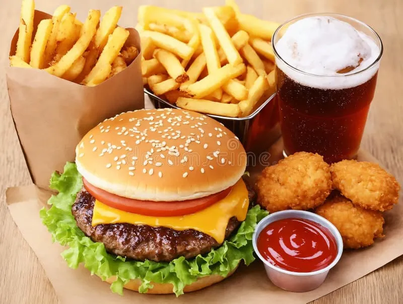 Burger, French fries, cold drink .